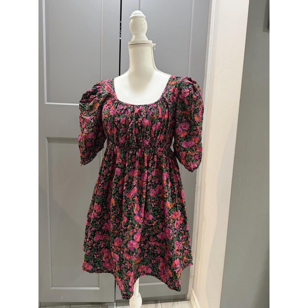 PINCH Cotton Mini Dress Womens Sz S Floral Pink Green Black Girlcore Cottagecore